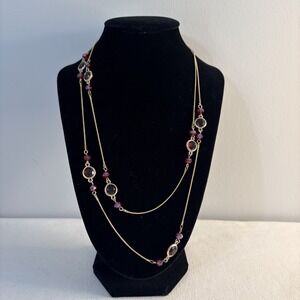 Nine West Red Rhinestone Station Bezel Long Chain Necklace